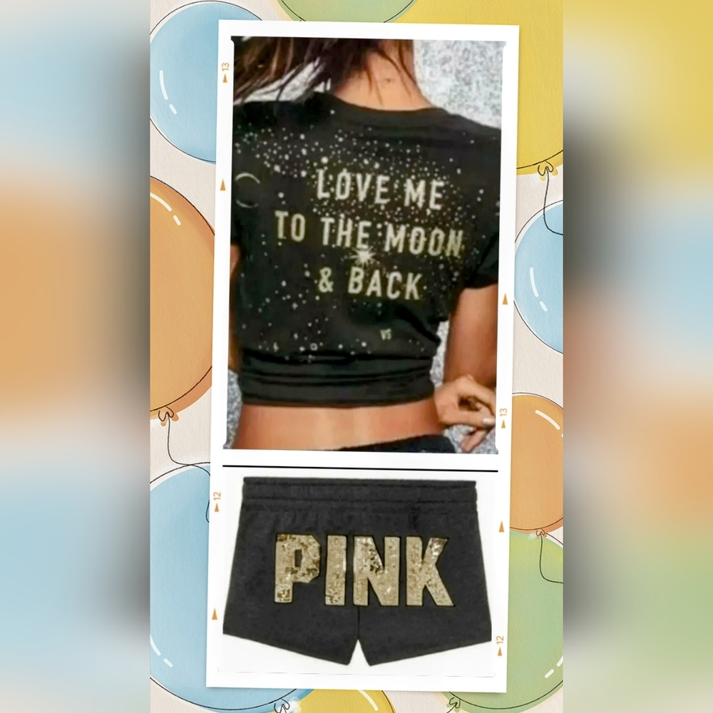 RARE VICTORIA SECRET PINK SEQUIN BLING TEE & BOOTY SHORTS LOGO SET S